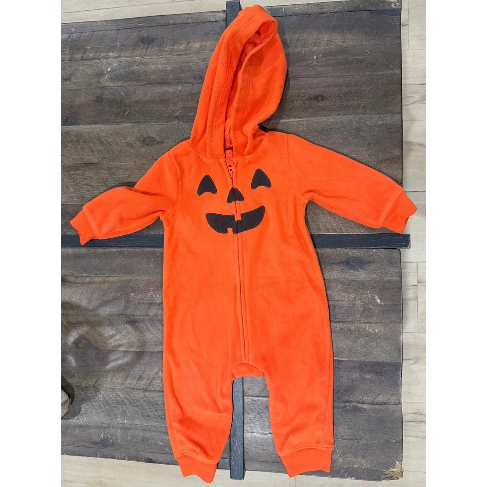 Carters Baby 6M Pumpkin Fleece Hooded Jumpsuit Halloween Costume Jack O Lan